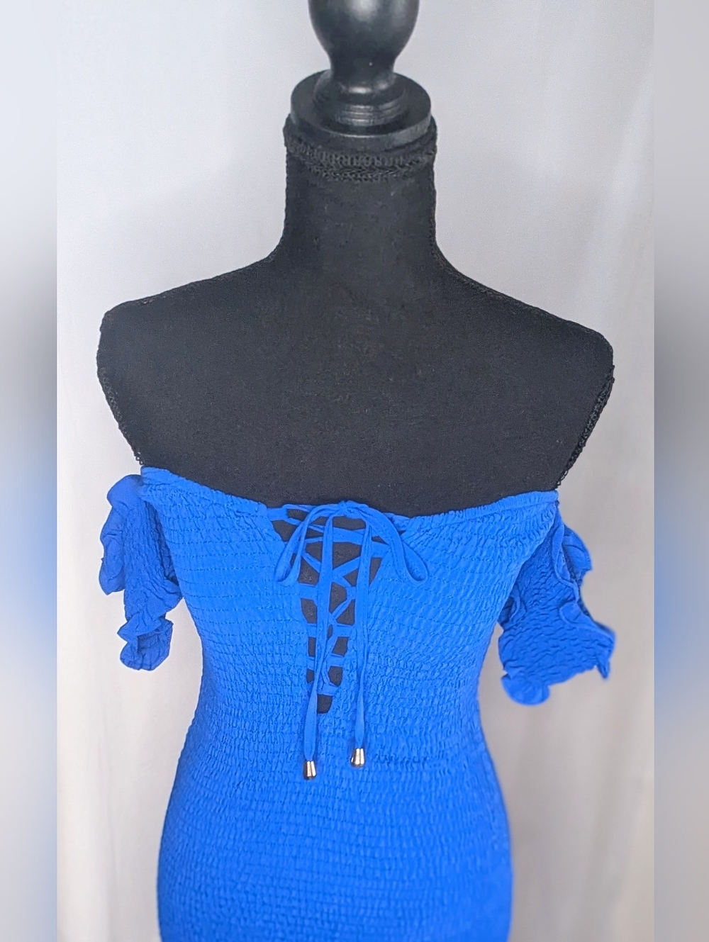 Cefian Blue Smocked Off Shoulder Mini Dress Lace Up Front Size S - Picture 3 of 9